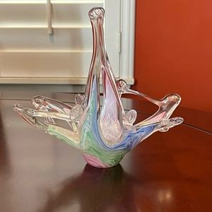 Vintage Murano Multicolor Stretch Glassware / Glass Art Basket Candy Dish Italy